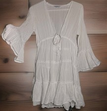 Cotton Boho Tiered Dress Cover Up S Beach Resortwear Bell Sleeve Cottage Coastal