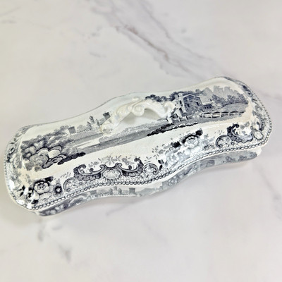 Antique Black White Transferware Staffordshire Covered Razor Toothbrush Box