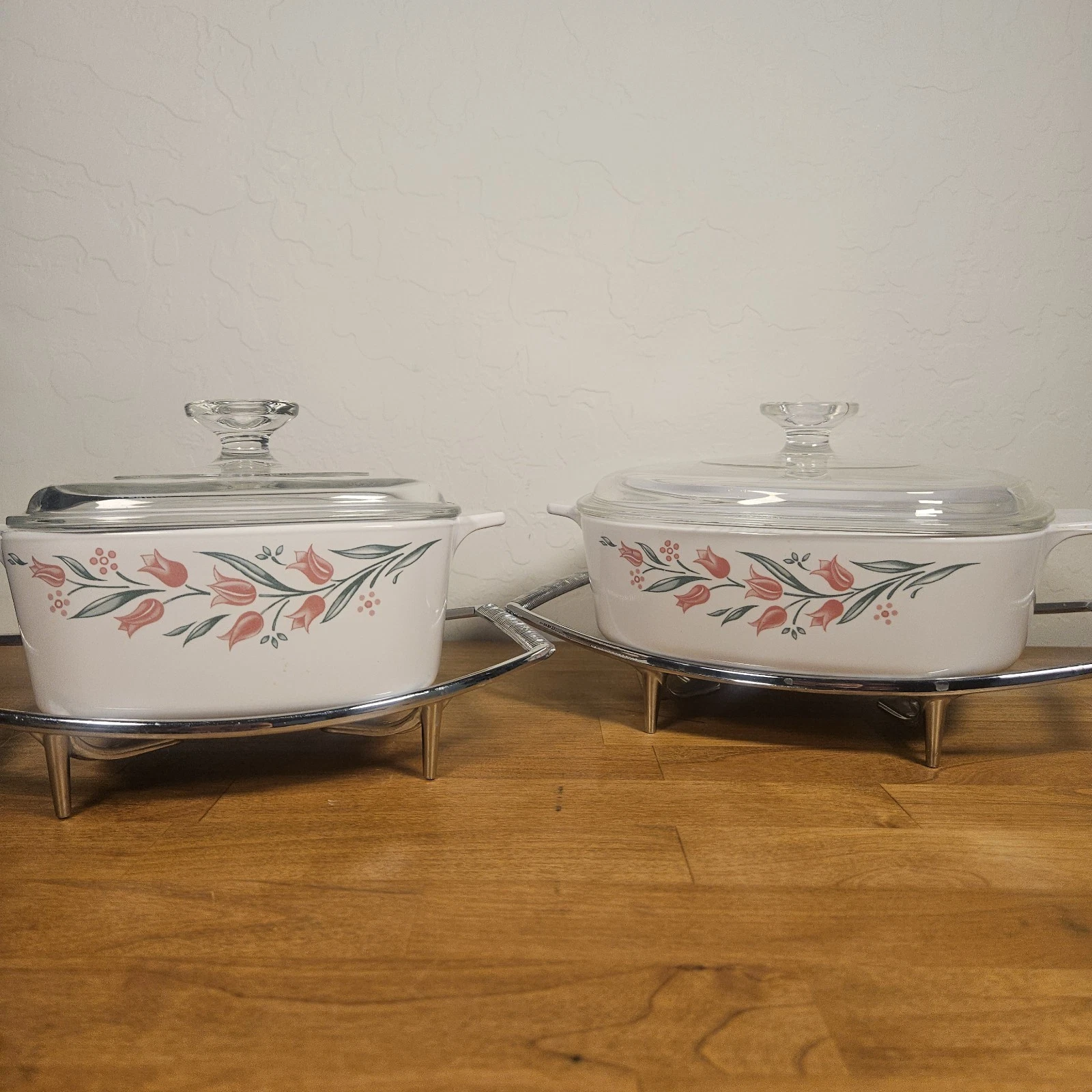Corning Ware Rosemarie Pink Tulips 1.5L & 2L Casserole Dishes W/trivet Vintage