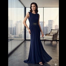 Adrianna Papell Navy Blue Chiffon Beaded Waist Grecian Pleated Formal Dress Sz 6