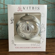 Vitbis Jeweled Glass Ornament Poland Silver Glitter Filigree Swirl Design 4"
