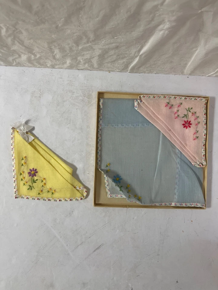 Set of 3 Hankies: Yellow Pink Blue Embroidered in Box - Image 3 of 4