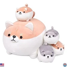 Shiba Inu Plush Family Set - 5 PCS Soft Stuffed Animals, 16" Kawaii Pillow Toy