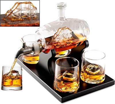 Whiskey Decanter Barrel Set 1000ml Liquor Dispenser 4 Glasses Ship in a Bottle