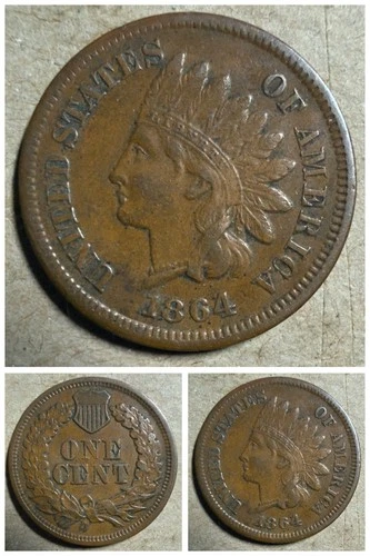 🔥 1864 L On Ribbon Bronze Indian Head Cent  XF Details Minor Problem.