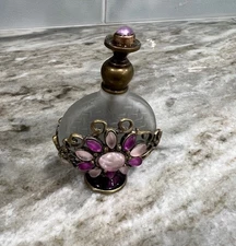 Beautiful Bejeweled Perfume Bottle Floral With Pink And Purple Rhinestones
