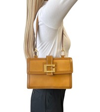 GUCCI Vintage G Square Logo Shoulder Bag Brown Camel Gold Leather Rectangle
