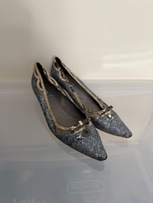 Miu Miu Women Glitter Pointed Toe Ballet Flats Silver Black Leather Trim EU 40.5