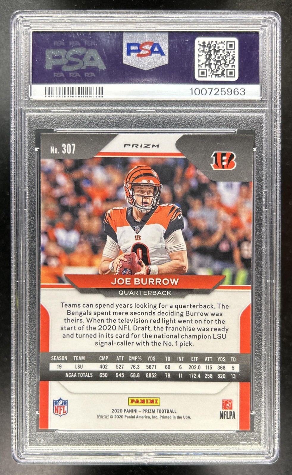 2020 Panini Prizm Joe Burrow Red White and Blue Rookie RC #307 Bengals PSA 10 view 2