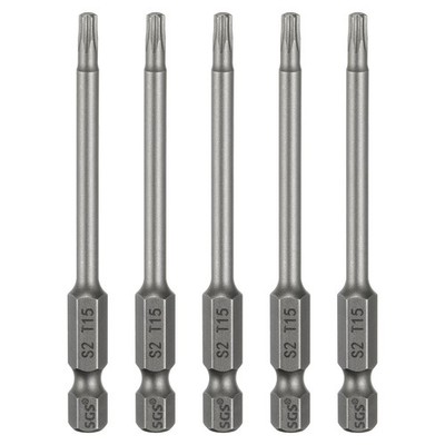 5pcs T15 Torx Head Screwdriver Bit 1/4'' Hex Shank 3'' Long Magnetic No Hole Tip