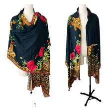 Floral Multicolor Shawl Pashmina One Size Pompoms Boho Festival Summer