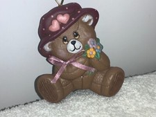 Ceramic Teddy Bear Ornament  hearts flowers hat