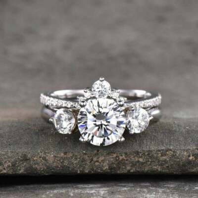Wedding Ring Set 14K White Gold 2.25 Ct Round Cut Moissanite Curve Band ...