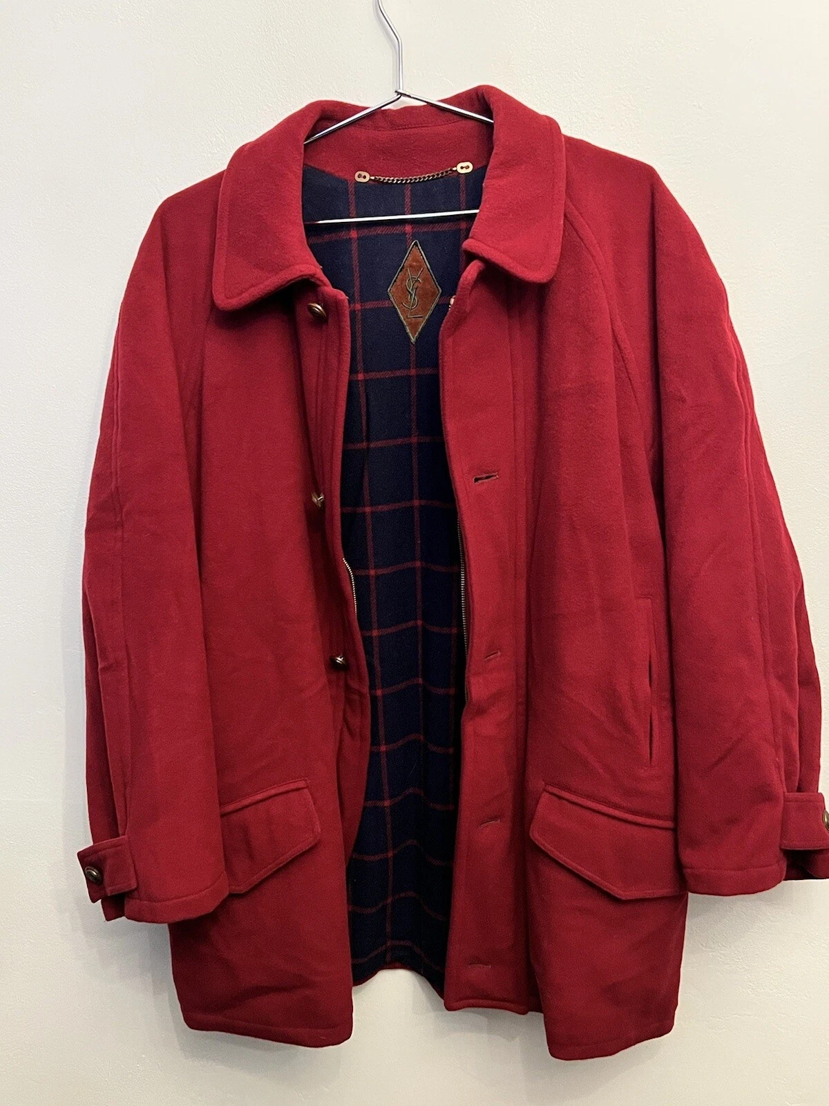 SAINT LAURENT (YSL) 'Raro' Yves Saint Laurent logo lana rossa bottone cappotto adatto fino a un UK16
