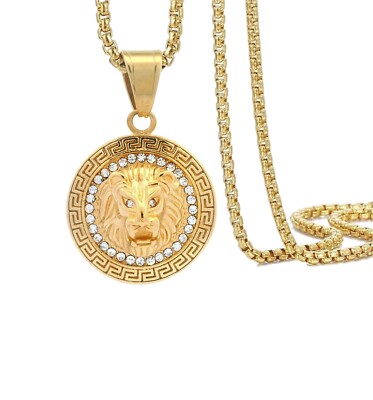 Tioneer Round Medal Lion 14K Gold Plated Steel Pendant with CZ 24 inch Box Chain