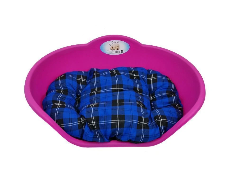 MEDIUM Plastic PINK bed With BLUE TARTAN Cushion Pet Bed Dog Cat Sleep Basket