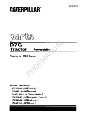 Caterpillar Cat D7G Tractor Powershift Parts Catalog Manual XEBP9802