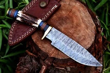 CUSTOM HANDMADE DAMASCUS STEEL HUNTING SKINNING KNIFE DEER STAG HANDLE SURVIVAL