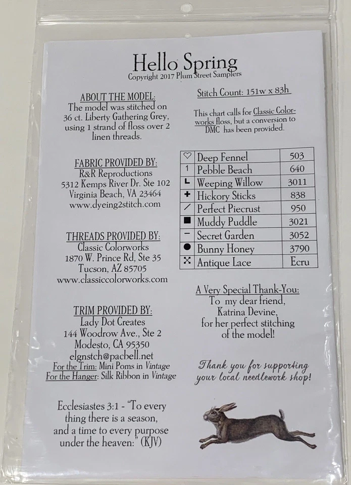 Plum Street Samplers HELLO Spring Counted Cross Stitch Chart By Paulette Stewart - Image 2 of 3