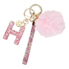 Initial Letter H Keychain with Pom and Rhinestone Wristlet, Pink