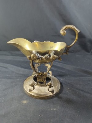 Vintage Gold Rustic Worn gravy boat with Swivel warming stand ( No Cup) Unique 