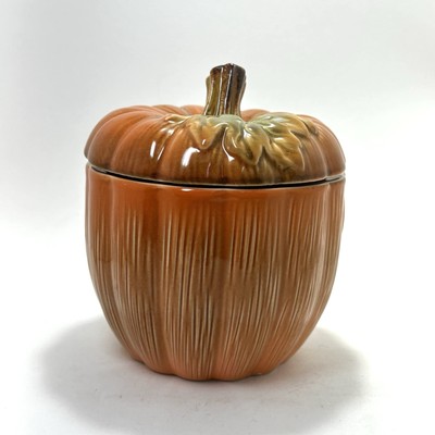 Ceramic Pumpkin Jar w/ Lid & Seal | 6.5  Fall Candy Cookie Dish Woodland Birds
