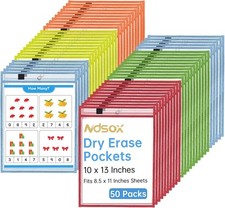 50 Packs Oversized Dry Erase Pockets Reusable Plastic Sleeves 5 Colors Ticket...