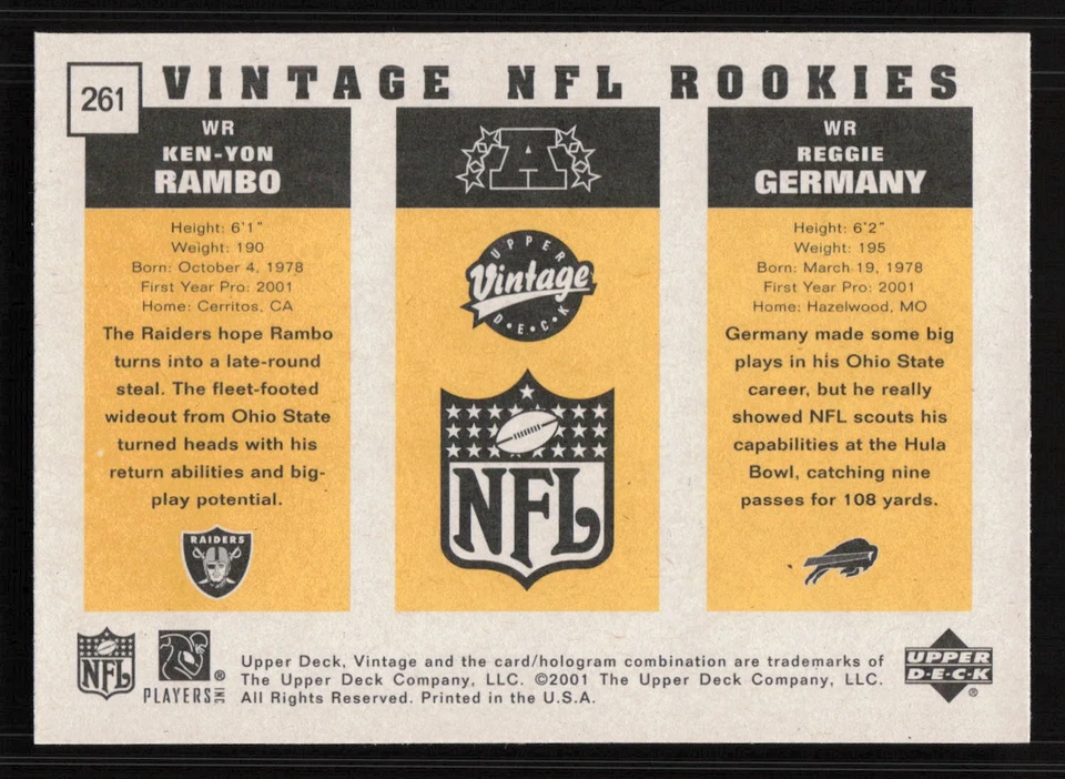 2001 Upper Deck Vintage #261 Ken-Yon Rambo Regie GErmany Card TCCCX - Image 2 of 2