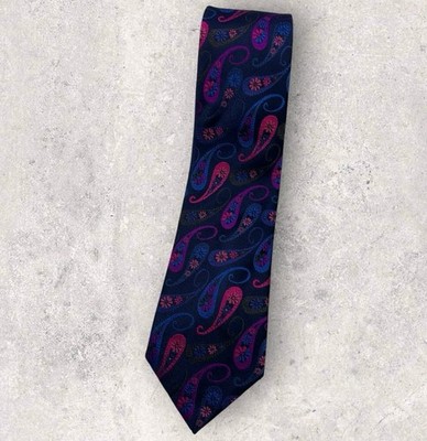 BUGATCHI Silk Tie ITALY XL Navy Blue Pink Paisley W:3.5'' EUC 