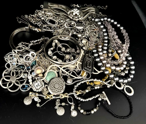 1.6 lbs. Vintage/Modern ALL SILVER Tone Designer Costume Jewelry Lot of 26 pcs