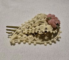 Vintage Celluloid Hair Comb Ornate Ivory Filigree with Pink Flower, Brass
