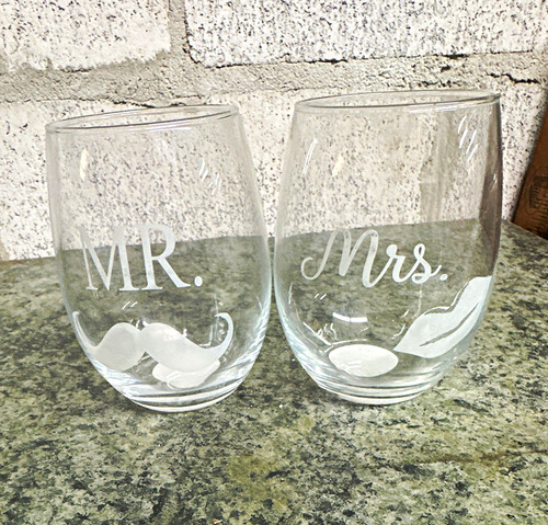 Mr. & Mrs. 14 oz Clear Glass Stemless Wedding Tumblers Set of 2 Mustache