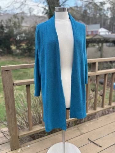 Eileen Fisher Organic Linen Blend Cardigan, Jewel Blue (teal) Large, Open Front