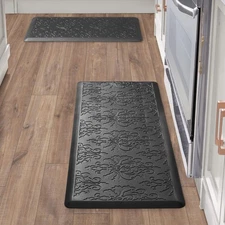 Black Anti Fatigue Kitchen Mat Set 2 PCS 17.5x48 17.5x28 Faux Leather