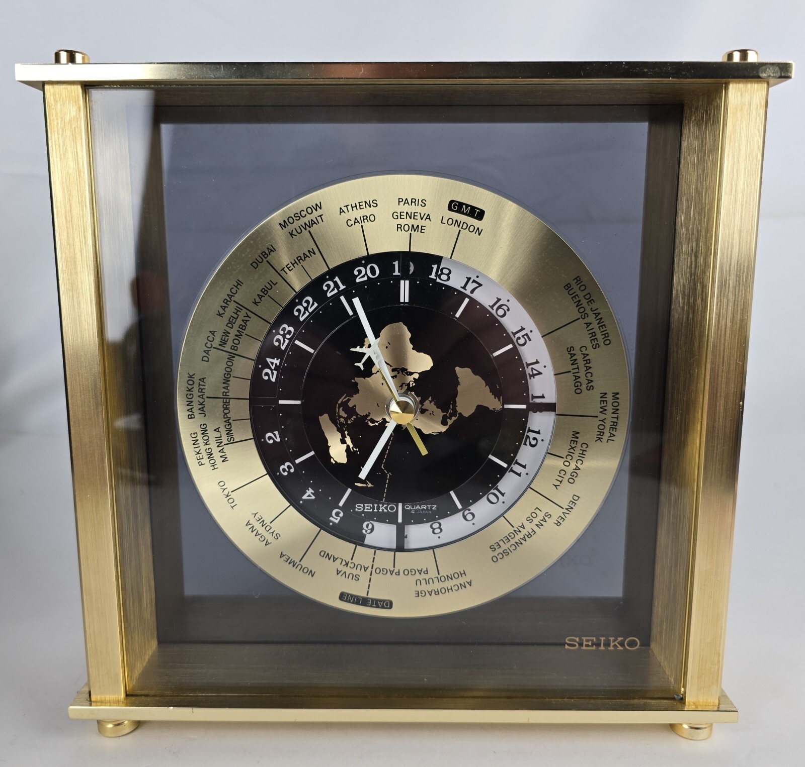 SEIKO Japón Cuarzo Zona Horaria Mundial Reloj de Escritorio Avión Mano Latón y Vidrio QZ885A
