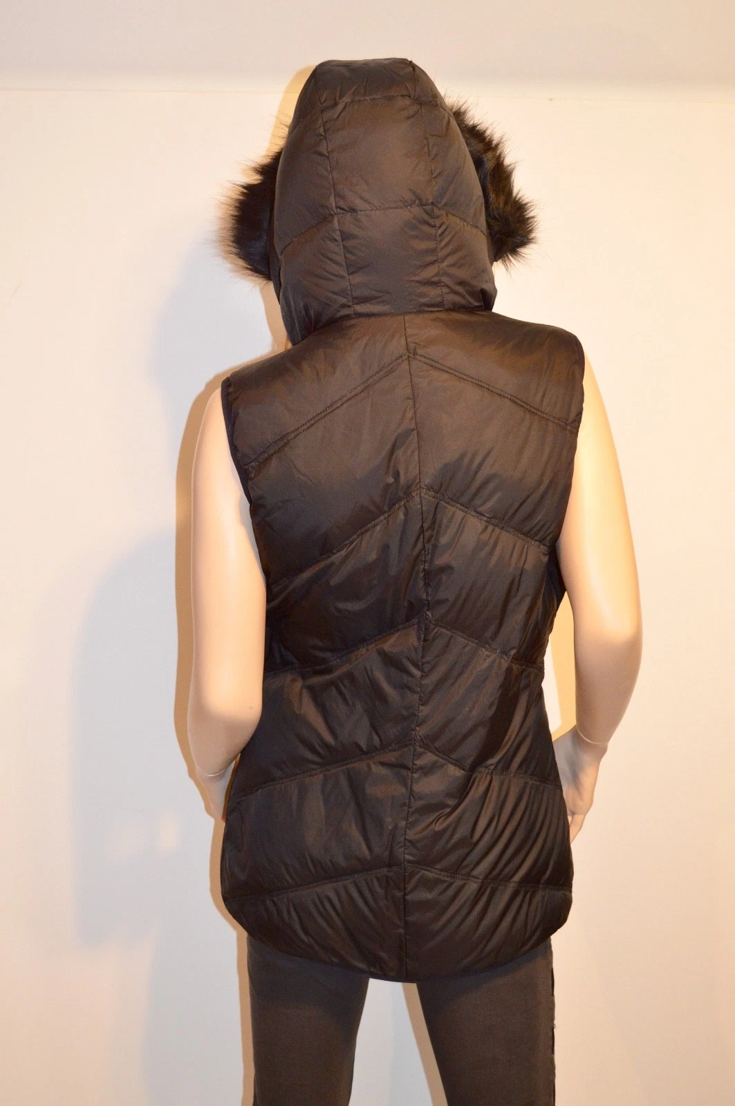 Nuovo $150 Michael Kors gilet piumino reversibile pelliccia sintetica cappuccio staccabile nero oro M