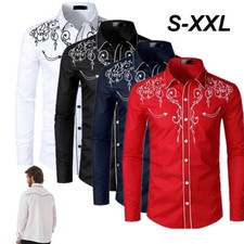 Retro Mens Western Cowboy Shirt Long Sleeve Embroidery Casual Buttons Down Shirt