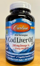 Carlson Cod Liver Oil Minis 280 mg Omega-3  250 Mini Soft Gels Wild Norwegian