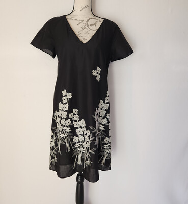 COREY LYNN CALTER Anthropologie Embroidered Floral Shift Dress Cotton Black Sz.S