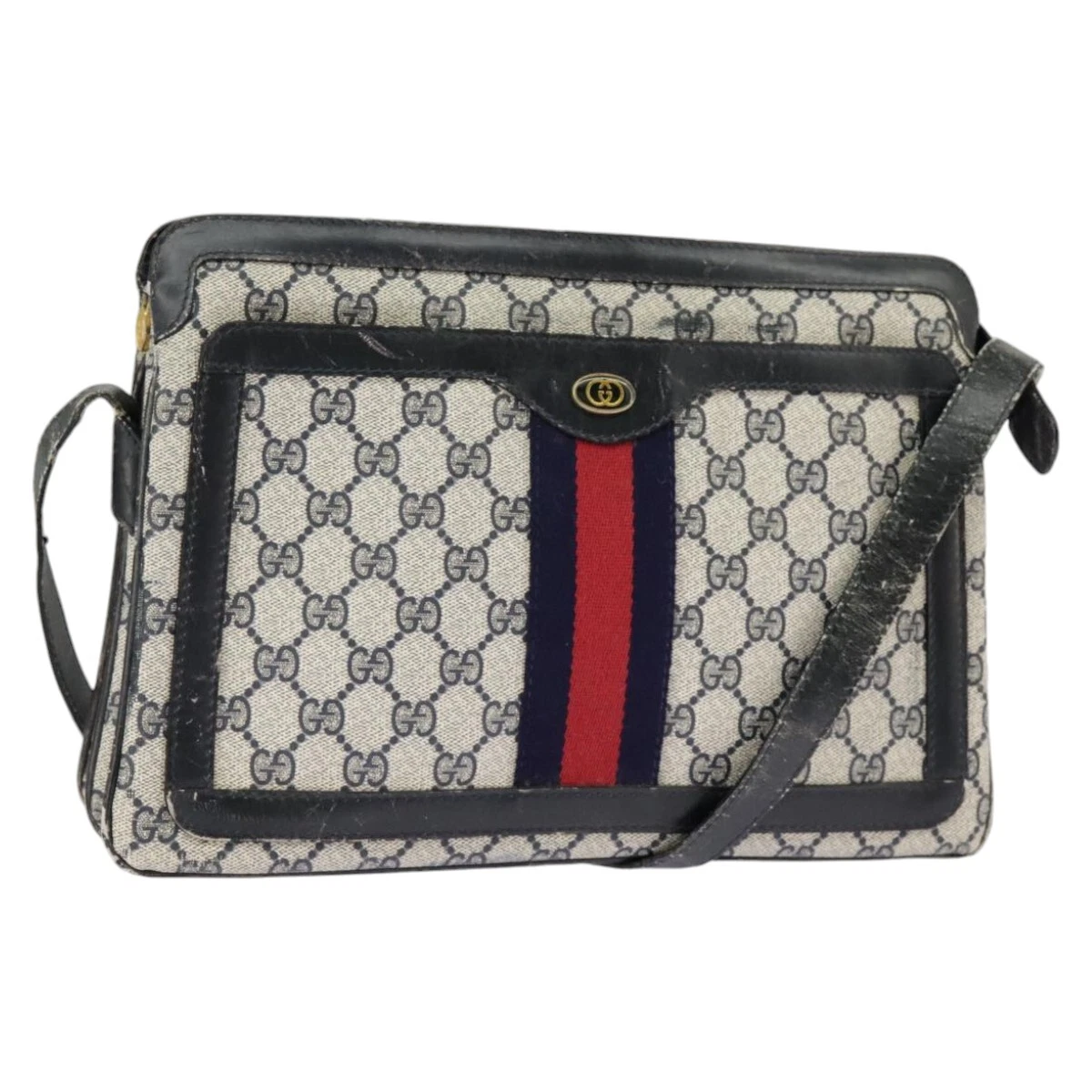 Sac à bandoulière GUCCI GG Supreme Sherry Line PVC bleu marine or rouge 010 378 authentique ep6279
