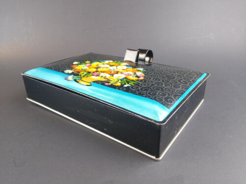 Vintage Blechdose Metall Decoware Box Silent Butler Krümelschale Blumen Aqua Schwarz - Bild 3 von 11