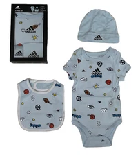 Adidas Baby Boy 3pc Boxed Set Light Blue Sports Bodysuit/Bib/Beanie, 0-6M, 6-12M