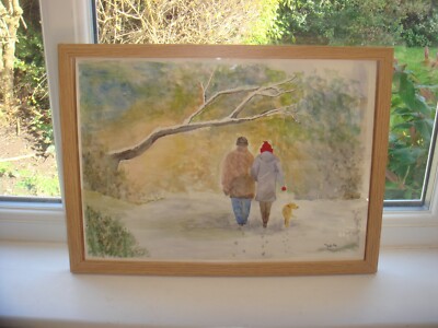 Original Signed Art Work & Certificate Watercolour Romantic Walk + Free Frame A3