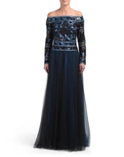 NWT TADASHI SHOJI Cora in Sapphire Sequin Off-Shoulder Tulle Gown Dress 00 $598