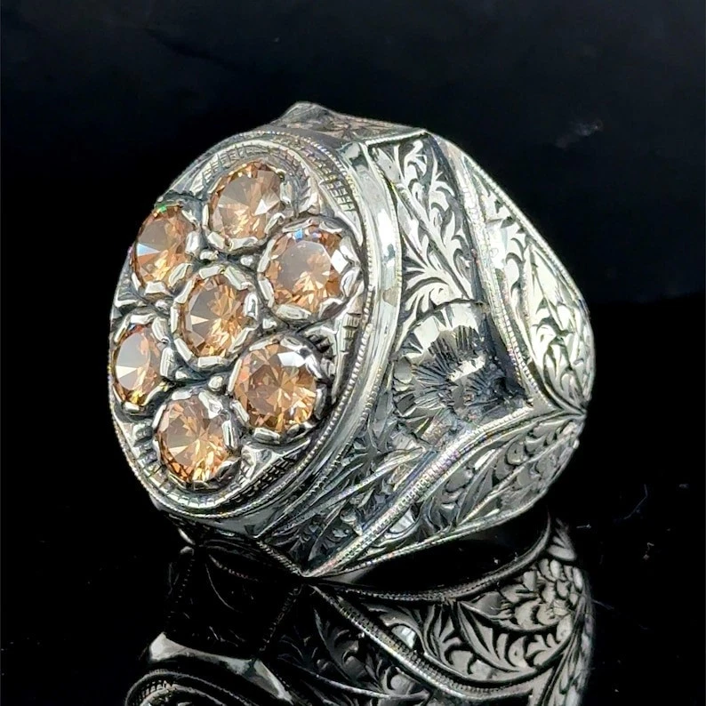 Anel artesanal masculino prata grande pedra citrina gravado floral - Imagem 4 de 4