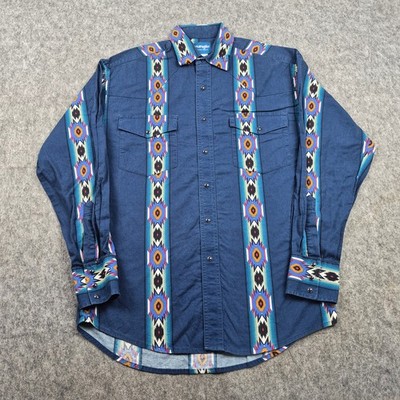 Wrangler Hemd Herren Größe 44 Blau Western Aztec Peal Snap Rodeo Cowboy USA Ranch