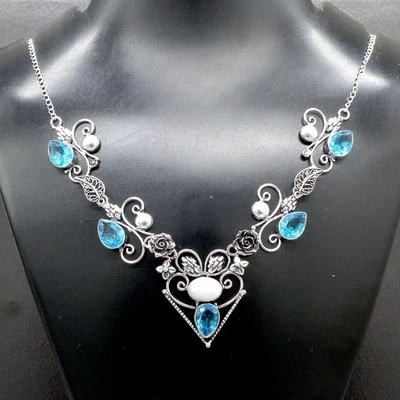 Moonstone & Topaz Gemstone 925 Sterling Silver Jewelry Necklace Size-17-18" - Image 1 of 4