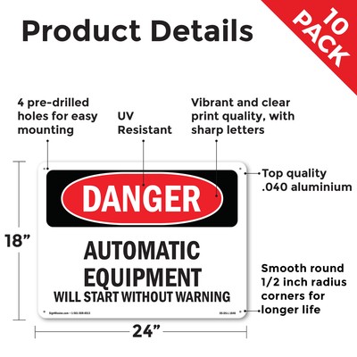 Automatic Equipment Start Without Warning OSHA Danger Sign, Decal 5 or 10 Pack
