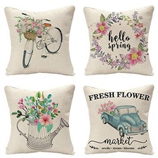 Set of 4 Decorative Spring Flower Throw Pillow Covers - Bicycle Car Linen 18