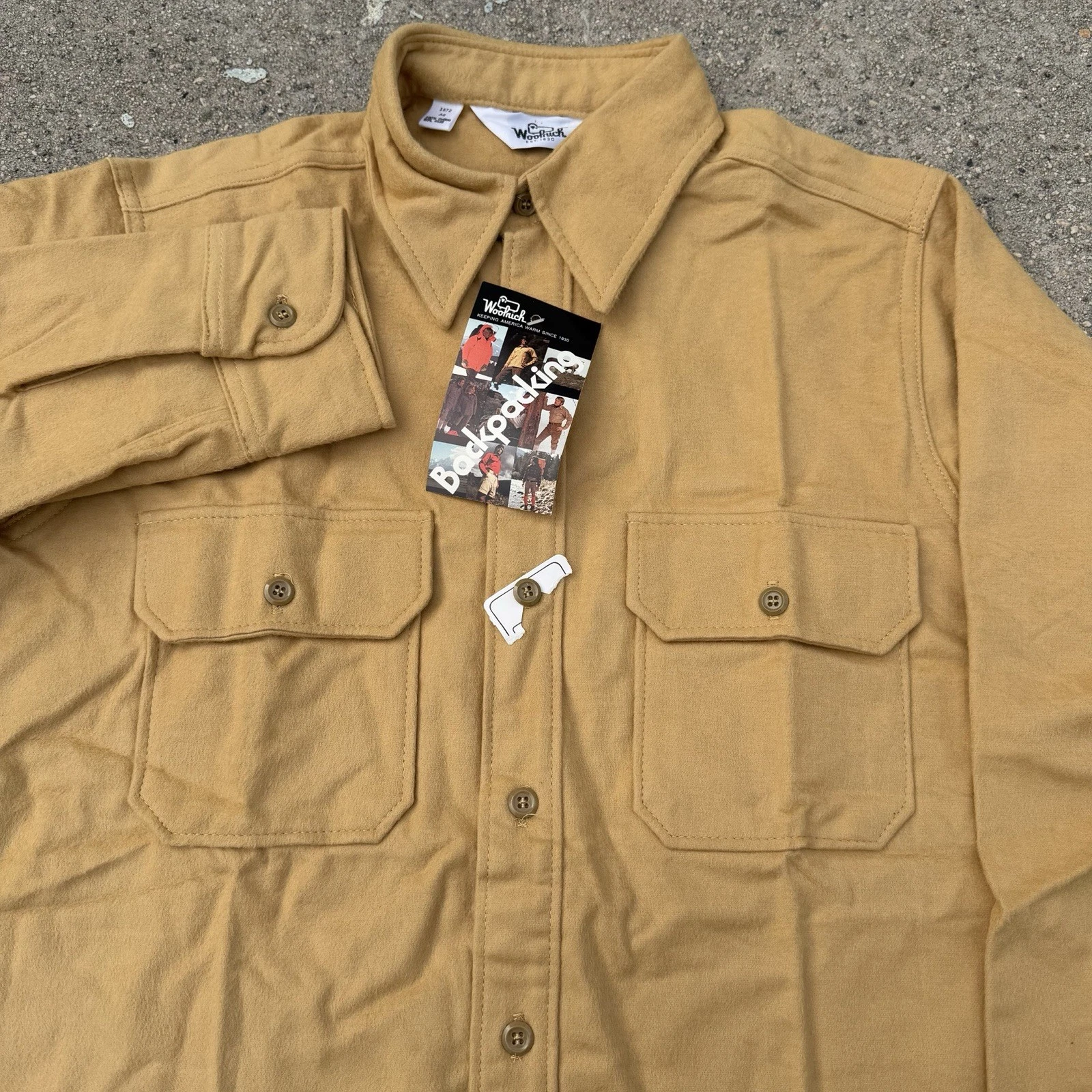 NWT Vintage 60s Woolrich Tan Khaki Chamois Shirt Sz L Backpacking Made In USA